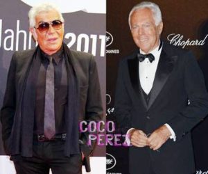 De gauche à droite, les couturiers italiens Roberto Cavalli et Giorgio Armani