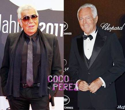De gauche à droite, les couturiers italiens Roberto Cavalli et Giorgio Armani