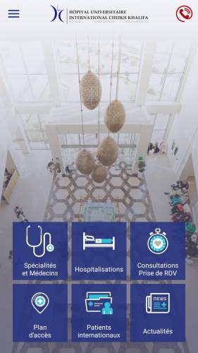 L’HÔPITAL UNIVERSITAIRE INTERNATIONAL CHEIKH KHALIFA SE DOTE D'UNE APPLICATION MOBILE Ecran Accueil Application - L’HÔPITAL UNIVERSITAIRE INTERNATIONAL CHEIKH KHALIFA SE DOTE D'UNE APPLICATION MOBILE