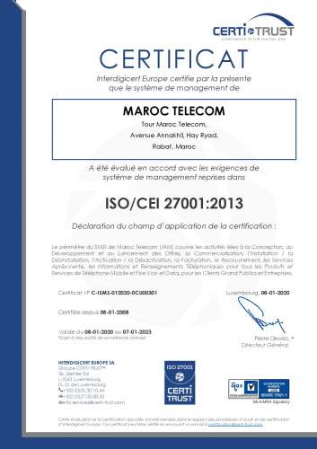 Certi Trust Certificat ISO 27001 MT page 001 - Maroc Telecom maintient ses certifications ISO 9001 V 2015 et ISO/CEI 27001 V 2013 avec z&eacute;ro non-conformit&eacute;