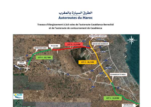 ADM Carte Chantier Elargissement page 0001 - ADM démarre les travaux d’élargissement des deux derniers lots de l’autoroute Casablanca-Berrechid