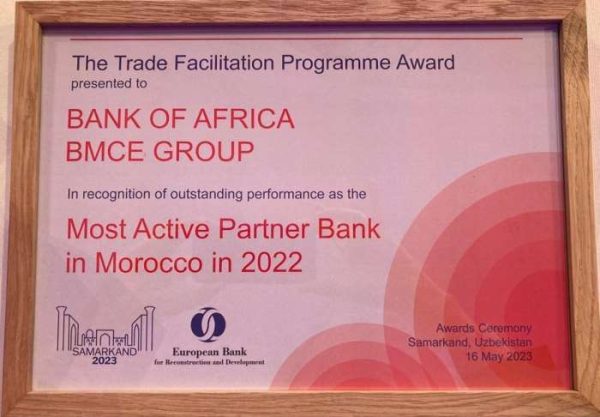 Award 2 600x417 - BANK OF AFRICA élue  « Banque Partenaire la Plus Active au Maroc pour l’année 2022 »