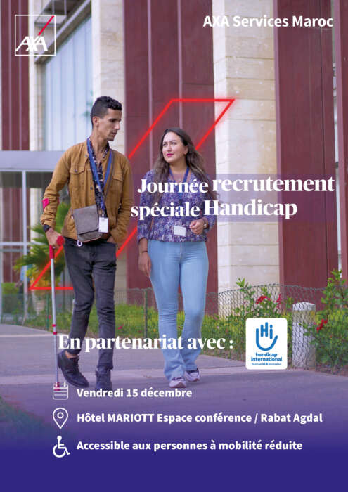 Salon de recrutement Special Handicap ASM x HI - Inclusion et employabilité : AXA Services Maroc et Handicap International unissent leurs forces et organisent le salon de recrutement “Spécial Handicap“  à Rabat le vendredi 15 décembre