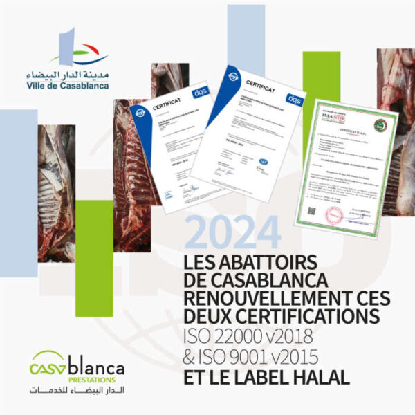 Certifications 2024 600x600 - Les Abattoirs Communaux de Casablanca renouvellent avec succès les certifications ISO 22000 v2018 et ISO 9001 v2015 ainsi que le label Halal